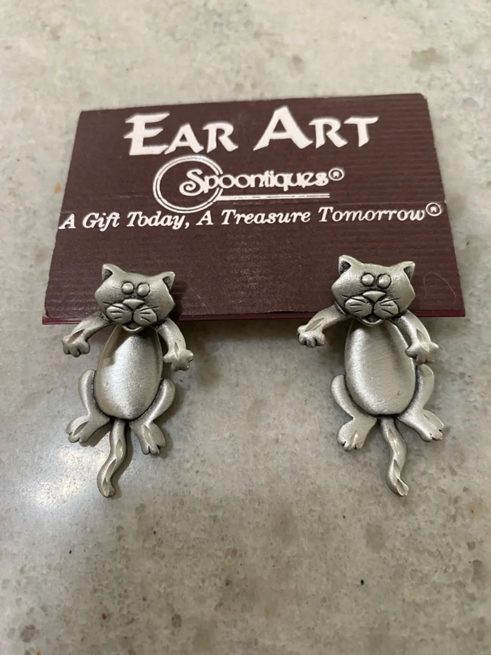 Brand New Ear Art Spoontiques Cat Drop Earrings in Antique Silver Made in USA